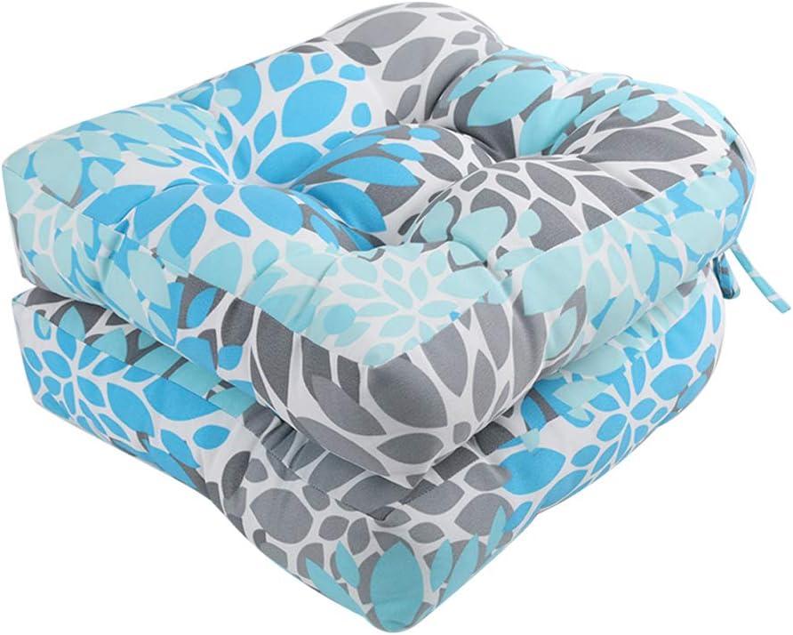 RACLVAY Outdoor Chair Cushions, Outdoor Cushions 19x19 inch, Patio Chair Cushions Seat Pads, Indoor Full-Length Ties for Non-Slip Support, Plump Filling, Premium Thick Fiber, Set of 2, Blue&Gray
