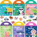 6 Pack Jelly Reusable Sticker Books for Toddlers 1-3 2-4 Years, Portable Travel Toys Sticker Activity Book for Kids 2 3 4 Year Old Girls Boys, Animal Insect Dinosaur Ocean Space Car