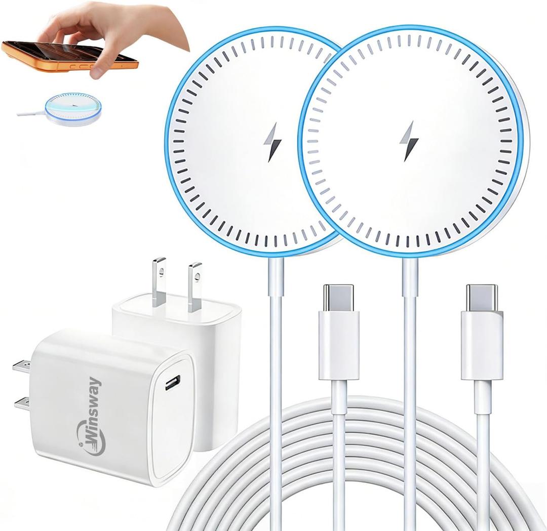 2-Pack Magnetic Wireless Charger, 15W Fast Charging Pad with 20W PD Plug Adapter, 5FT USB C Cable Included, Compatible with iPhone 17/16/15/14/13/12 Series, AirPods 3/2/Pro (2 Sets, White)