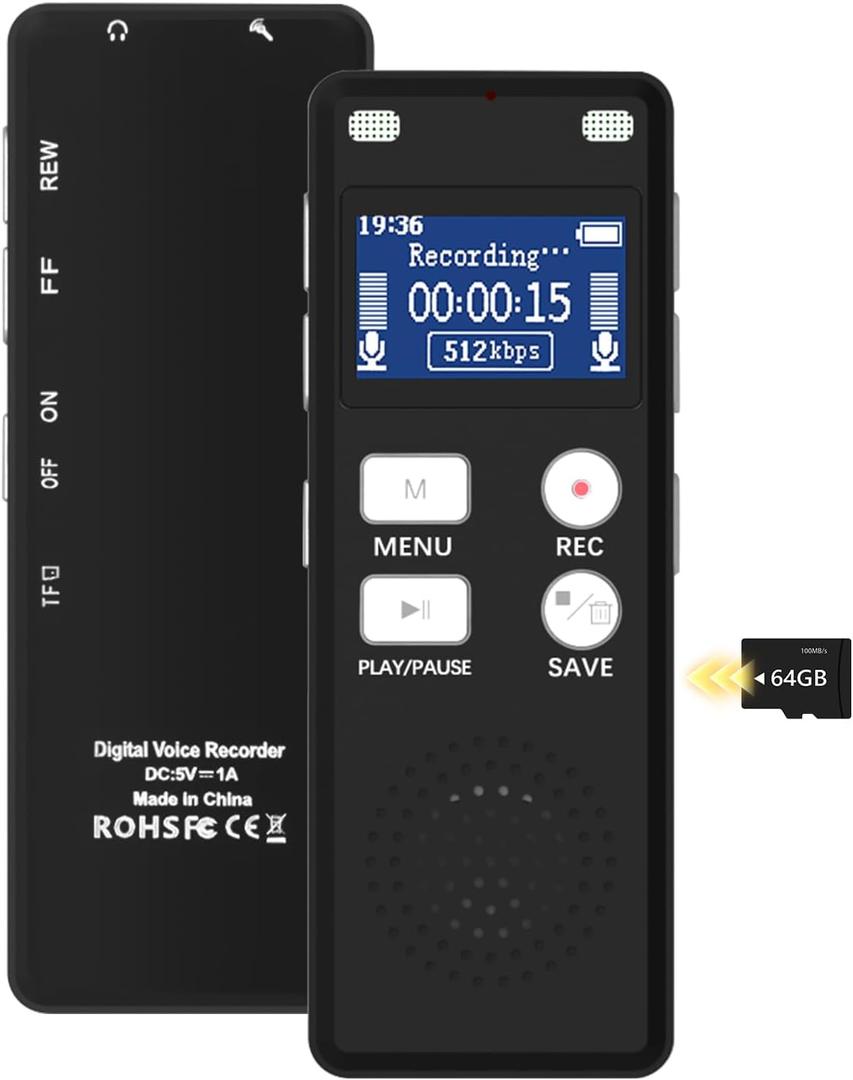 Voice Recorder Digital with Playback, YSJILIDE 64GB Voice Activated Recorder with Noise Reduction, HD Recording Voice Recorder, A-B Repeat Recording, Mp3 Player and Password