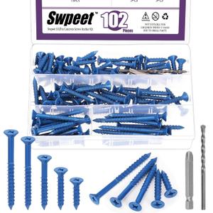 Swpeet 102Pcs 5 Sizes 1/4" Flat Head Concrete Screw Anchors with Screwdriver Bit and Drill Bit Assortment Kit, Concrete Screws Self Tapping Cement Screws for Anchoring to Masonry Block Brick Stucco