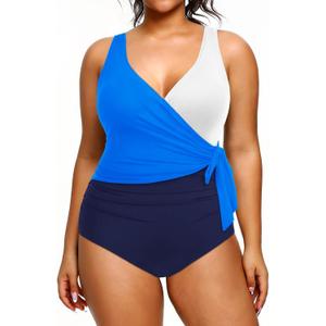 Yonique Plus Size One Piece Swimsuits for Women Tummy Control Bathing Suits Full Coverage Swimwear (20 Plus, Blue and White)