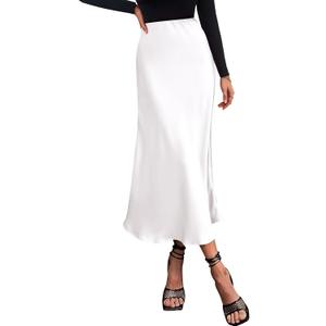 Women's High Elastic Waist Midi Skirt Solid Elegant Work Business Silk Satin Cocktail Long Flare A-line Skirts(Solid White, X-Large)