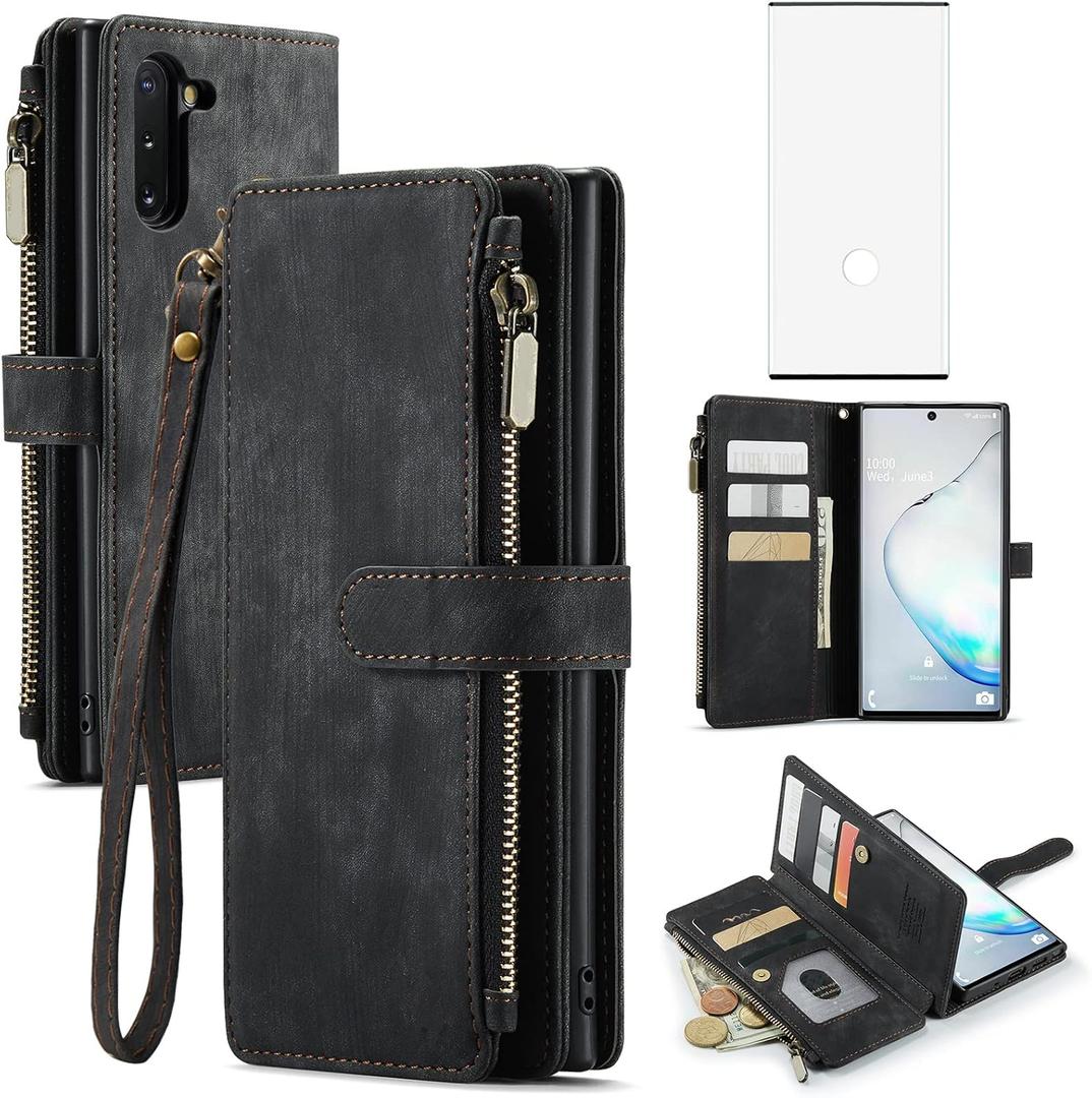 Asuwish Phone Case for Samsung Galaxy Note 10 Glaxay Note10 5G Wallet Cover and Tempered Glass Screen Protector Leather Flip Credit Card Holder Stand Cell Gaxaly Notes 10s Ten Not S10 Women Men Black