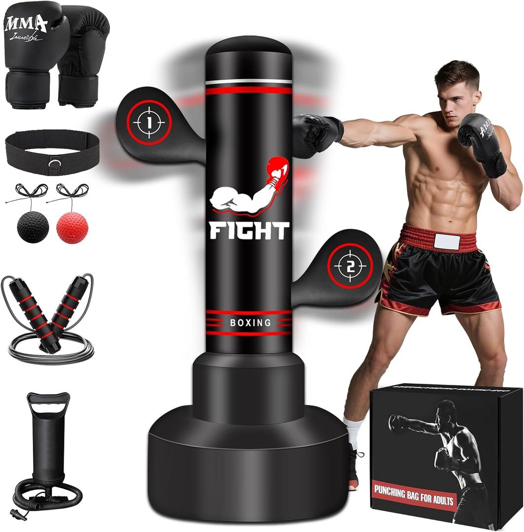 Upgraded Heavy Freestanding Punching Bag for Adults Teens, 70 Standing Punching Bag with Gloves, Pump and Jump Rope, Boxing Reflex Ball, Women Men Kickboxing Bags for Training MMA Fitness Home Gym