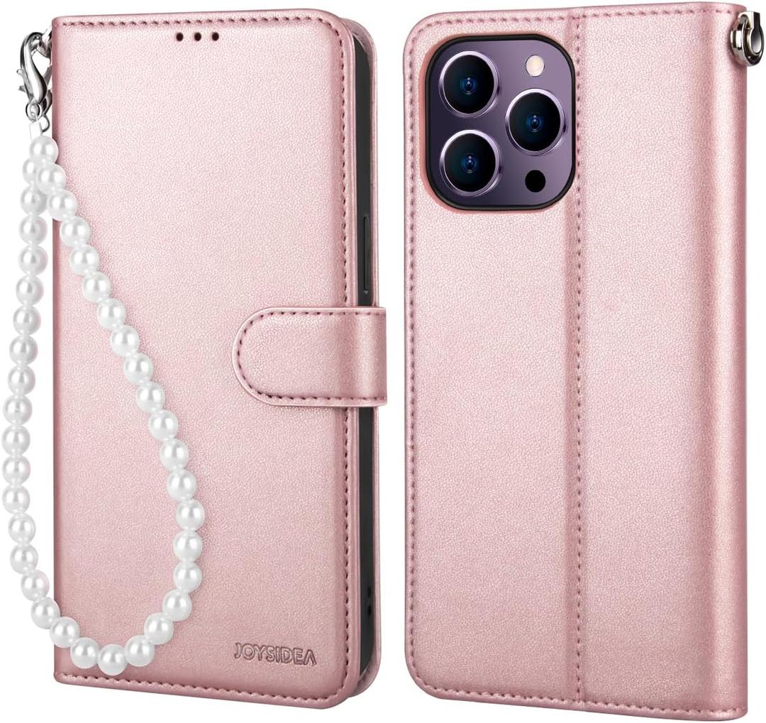 iPhone 14 Pro Max Wallet Case - 6.7", [Wrist Strap] RFID Blocking PU Leather Magnetic Cover, Kickstand Case Compatible with iPhone 14 Pro Max 5G 6.7'', Rose Gold with Wristlet