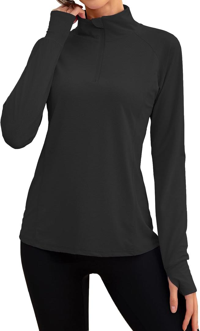 We1Fit Women's UPF 50+ Sun Shirts Long Sleeve Quarter Zip Pullover Lightweight Hiking Running Workout Tops (Black, M)