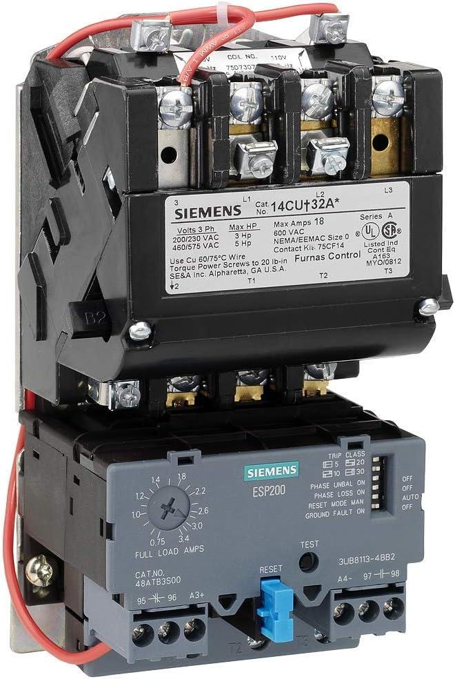 Siemens 14CUC32AA Heavy Duty Motor Starter, Solid State Overload, Auto/Manual Reset, Open Type, Standard Width Enclosure, 3 Phase, 3 Pole, 0 NEMA Size, 3-12A Amp Range, A1 Frame Size, 110-120/220-240 at 60Hz Coil Voltage , Black