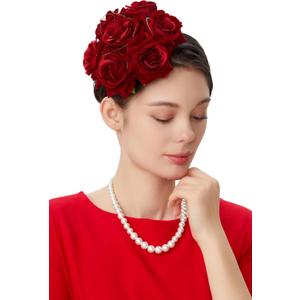 BABEYOND Floral Fascinators for Women Feather Fascinators Headband for Cocktail Tea Party (Red)