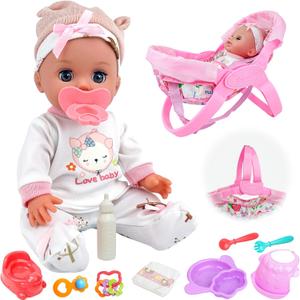 SMILESSKIDDO 14" Baby Doll with Washable Dolls Accessories, Lifelike Soft Babydoll Pretend Play Includes Carrier Bassinet Bed, Doll Clothes, Feeding Set, Gift Idea for Girls 1 2 3+ Year Old