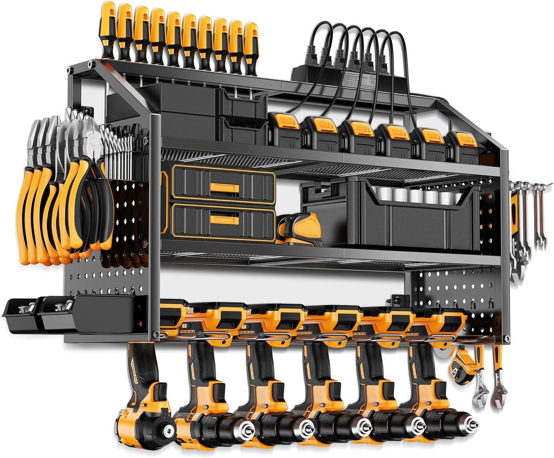 LBT 4 Layer Power Tool Organizer Wall Mount With Charging Station, Patented, 6 Outlet Power Strip, 6 Drill Holder, Heavy Duty Metal Garage Tool Storage Rack, Gifts For Men Fathers Day (Black)