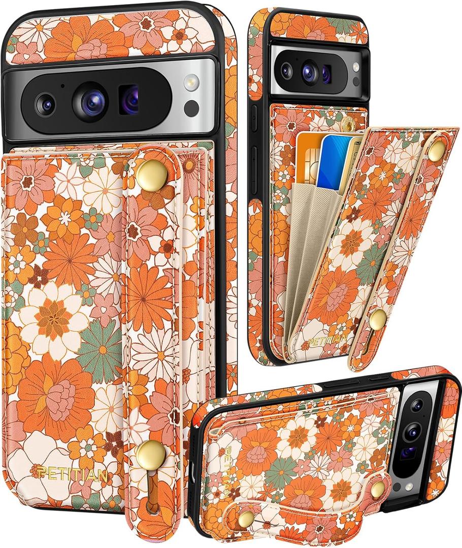 Petitian for Google Pixel 8Pro Case with Wallet - Women Girls Cute Girly Aesthetic Unique Design Leather Credit Card Holder Cardholder Stand Wristband for Pixel 8Pro, Orange Floral