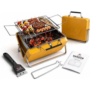 Ranger Portable Charcoal Grill – Compact Lunchbox‑Style Folding BBQ for Camping & Beach| Dual‑Zone Heating, Stainless Steel Body, 3-sec Setup, Includes Tong & Cleaning Brush, Serve 2-3 people