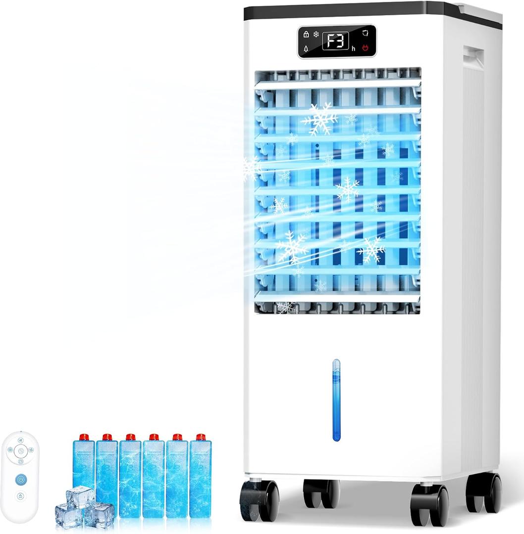 Feculs Evaporative Air Cooler, 3-IN-1 Portable Air Conditioners, Swamp Cooler, 3 Speeds & 4 Modes, 2-Gal Water Tank for Cooling, 16 FT/S Remote Control, Windowless Air Conditioner for Indoors Use, Medium