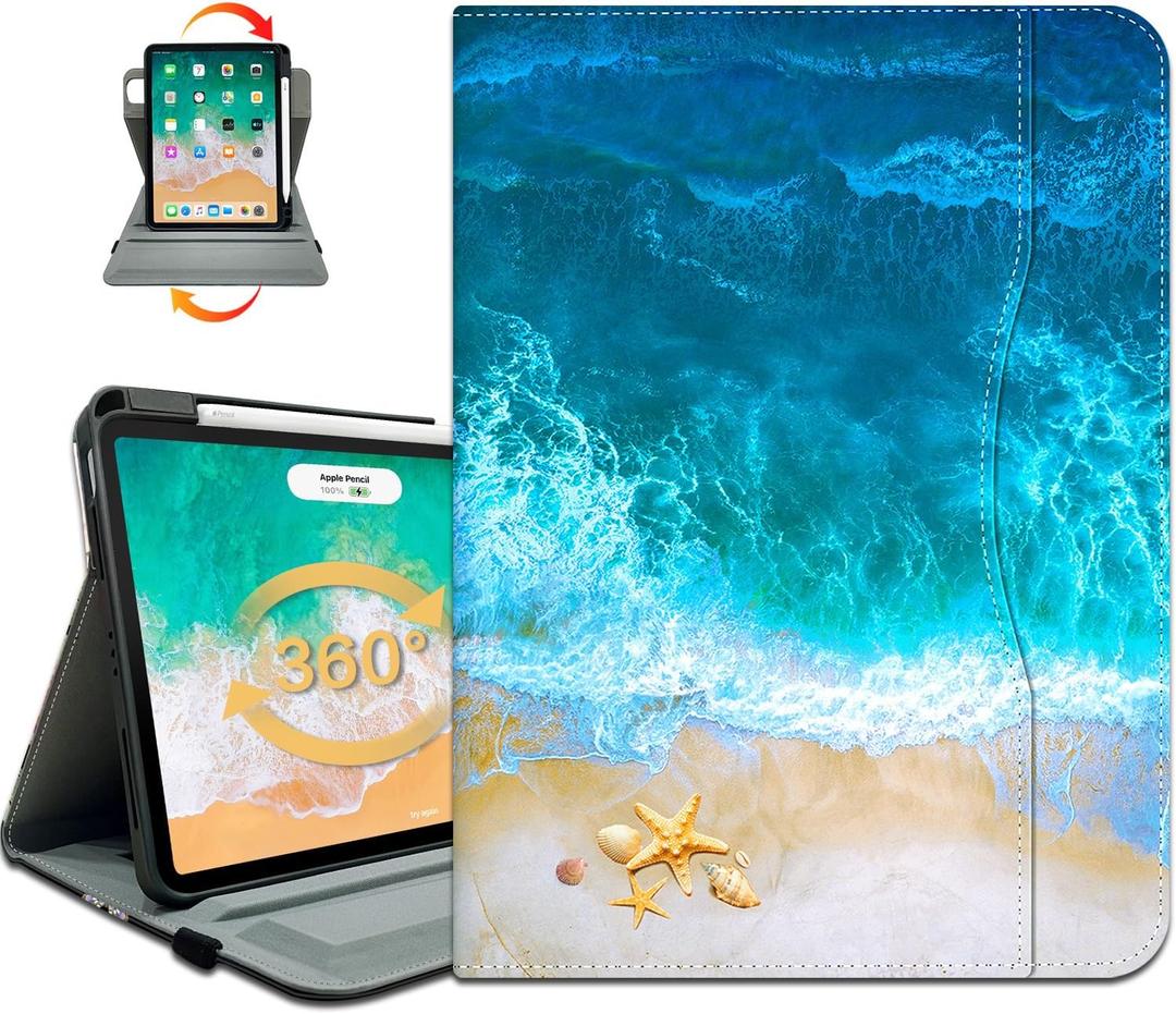 Rotating Case for iPad Air 11 Inch M4/M3/M2 2026, for iPad Air 5th/4th Gen Cases,for iPad Pro 11 Inch Case 4th/3rd/2nd/1st Generation Pencil Holder/Hand Strap/Pocket 360 Degree Rotating, Ocean Beach