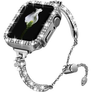 VIQIV Bling Band and Cover Compatible with Apple Watch Band 38mm 40mm 41mm 42mm 44mm 45mm iWatch SE Series 7 6 5 4 3 2 1 for Women, Cute Luxury Dressy Metal Bracelet with Rhinestone Bumper Case (Silver)