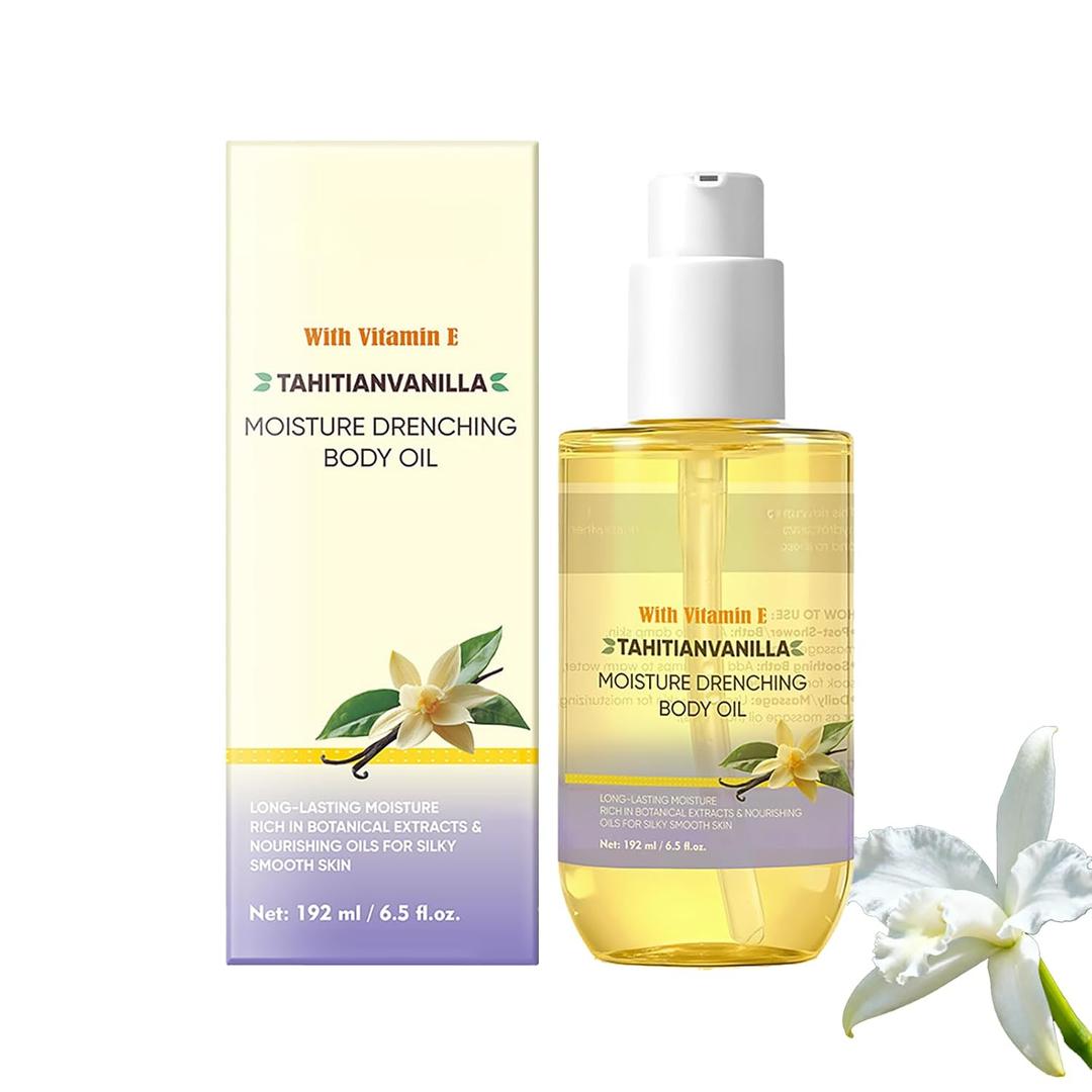 Vanilla Body Oil for Women & All Skin Types - 6.5floz Tahitian Vanilla Scented Body Oil with Vitamin E | Hydrating, Nourishing Dry Skin Moisturizer | Silky Smooth Skin Care | Goda Inspired Fragrance