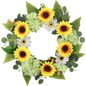 20 Inch Artificial Sunflower Wreath | Faux Sunflower Hydrangea Wreath with Lemons for Front Door, Summer Farmhouse Wall Home Decor