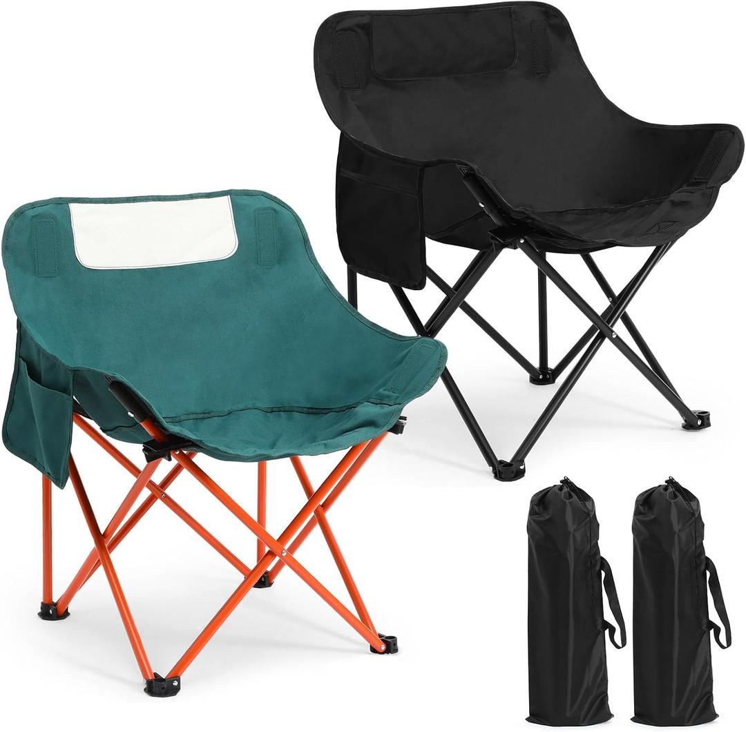2 Pack Compact Camping Chairs Portable Folding for Outside with Carry Bag Lightweight Moon Chairs for Travel Picnic Hiking Beach Fishing, 600D Oxford, Supports 330lbs(Green, Black), 27.17 x 17.72 x 17.72 inches