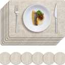 MOSAYT Faux Leather Placemats Set of 6, Heat Resistant Wipeable Washable Vinyl Place Mats with Coasters, Waterproof Oil Proof Table Mats for Kitchen Dining Party Indoor Outdoor, 12" x 17", Beige