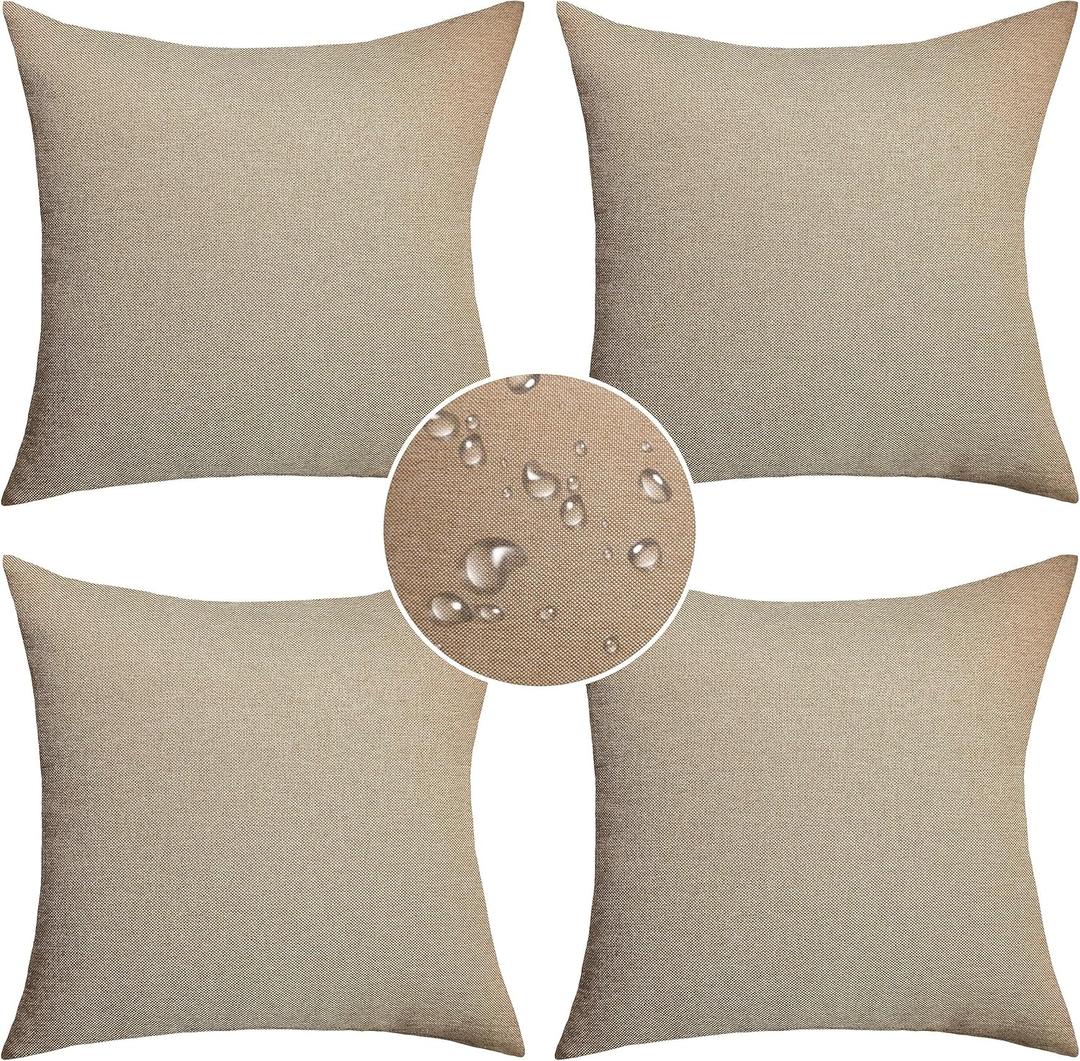 Demetex Outdoor Linen Pillow Covers 18x18 Waterproof Square Throw Pillow Covers Farmhouse Pillow Cases for Balcony Porch Patio, Set of 4, 18 x 18 Inch, Linen