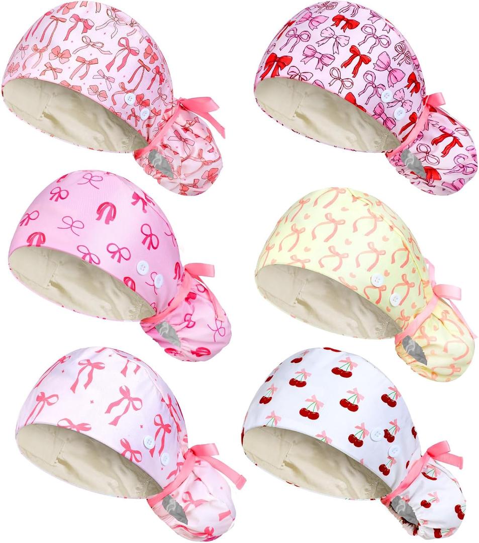 Jadive 6Pcs Satin Lined Working Hat Coquette Bow Scrub Cap Adjustable Pink Tie Back Bouffant Hat with Button for Doctor Nurse