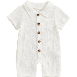 Honganda Summer Baby Boy Cotton Linen Jumpsuit Short Sleeve Button Down Playsuit Romper One Piece Outfit 0-24M (12-18 Months, White)