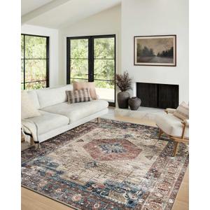 vivorug 9x12 Area Rugs for Living Room, Non Slip Machine Washable Vintage Rug, Ultra-Thin Lightweight Large Area Rug for Bedroom, Dining Room, Low Pile Brown (Brick Red/ Navy)