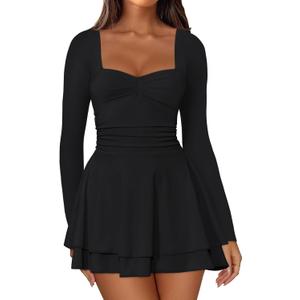 IWD Women's Square Neck Long Sleeve Mini Dress Ruched Corset Waist Tiered Ruffle Hem A Line Short Party Dresses,xs