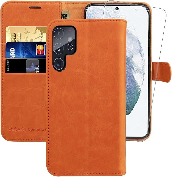 MONASAY Wallet Case Compatible for Galaxy S22 Ultra 5G, 6.8 inch [Included Screen Protector][RFID Blocking] Flip Folio Leather Cell Phone Cover with Credit Card Holder, Kumquat