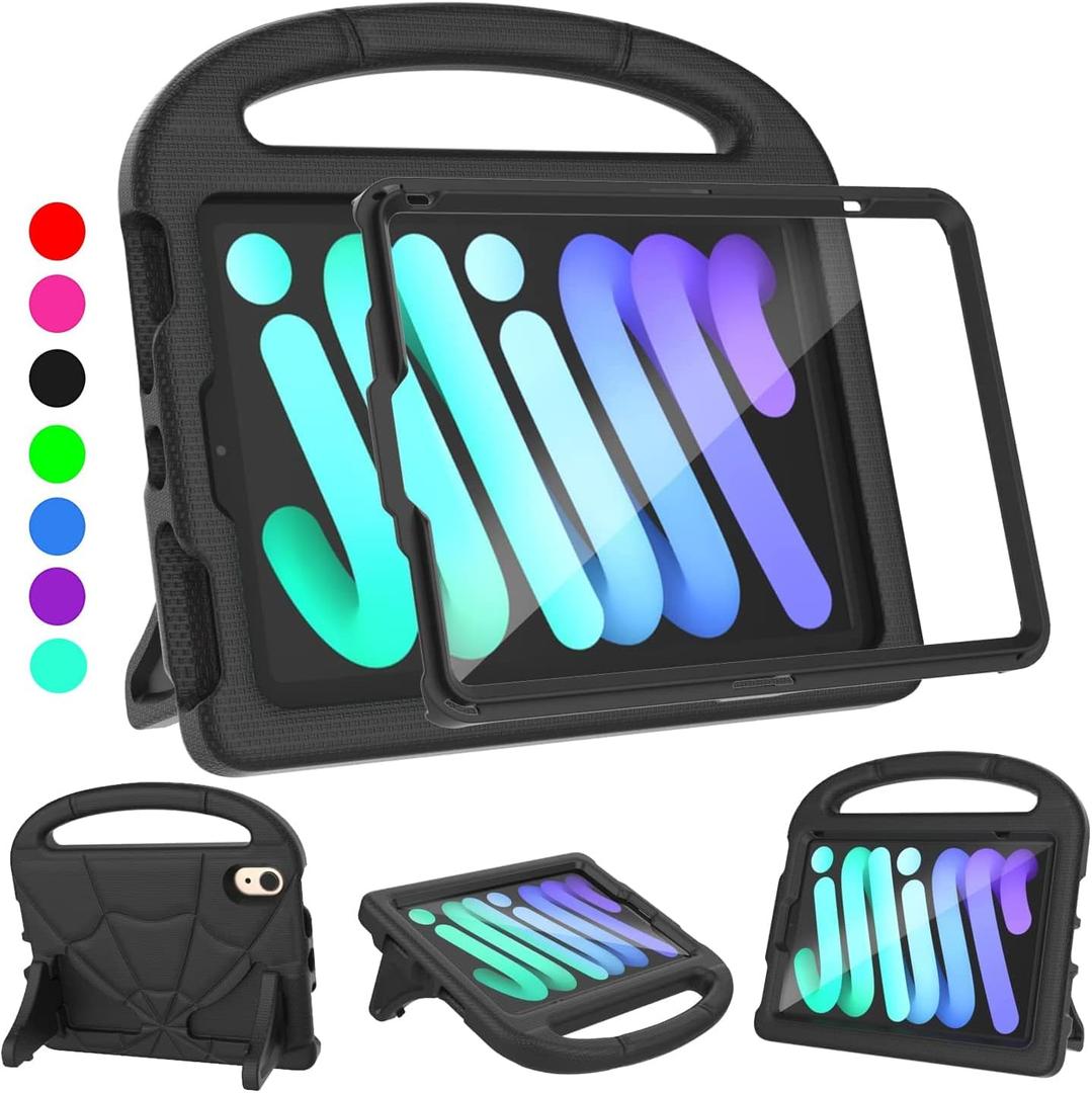 iPad mini 7th/6th Generation Case for Kids (8.3-inch, 2024/2021 Release), Lainergie iPad mini 7/6 Case Lightweight Shockproof Kid-Proof Cover Built-in Screen Protector with Handle Stand- Balck (Black)