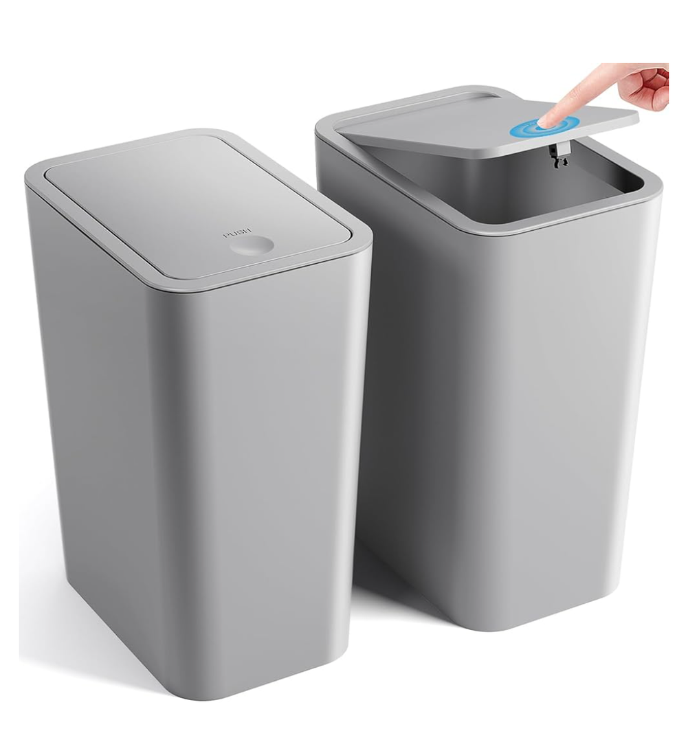 Bathroom Trash Can with Lid, 2 Pack 4 Gallons/15 Liters Garbage Can with Pop-Up Lid, Small Plastic Trash Can, Slim Trash Bin Waste Basket for Bathroom, Bedroom, Office, Living Room(Grey)