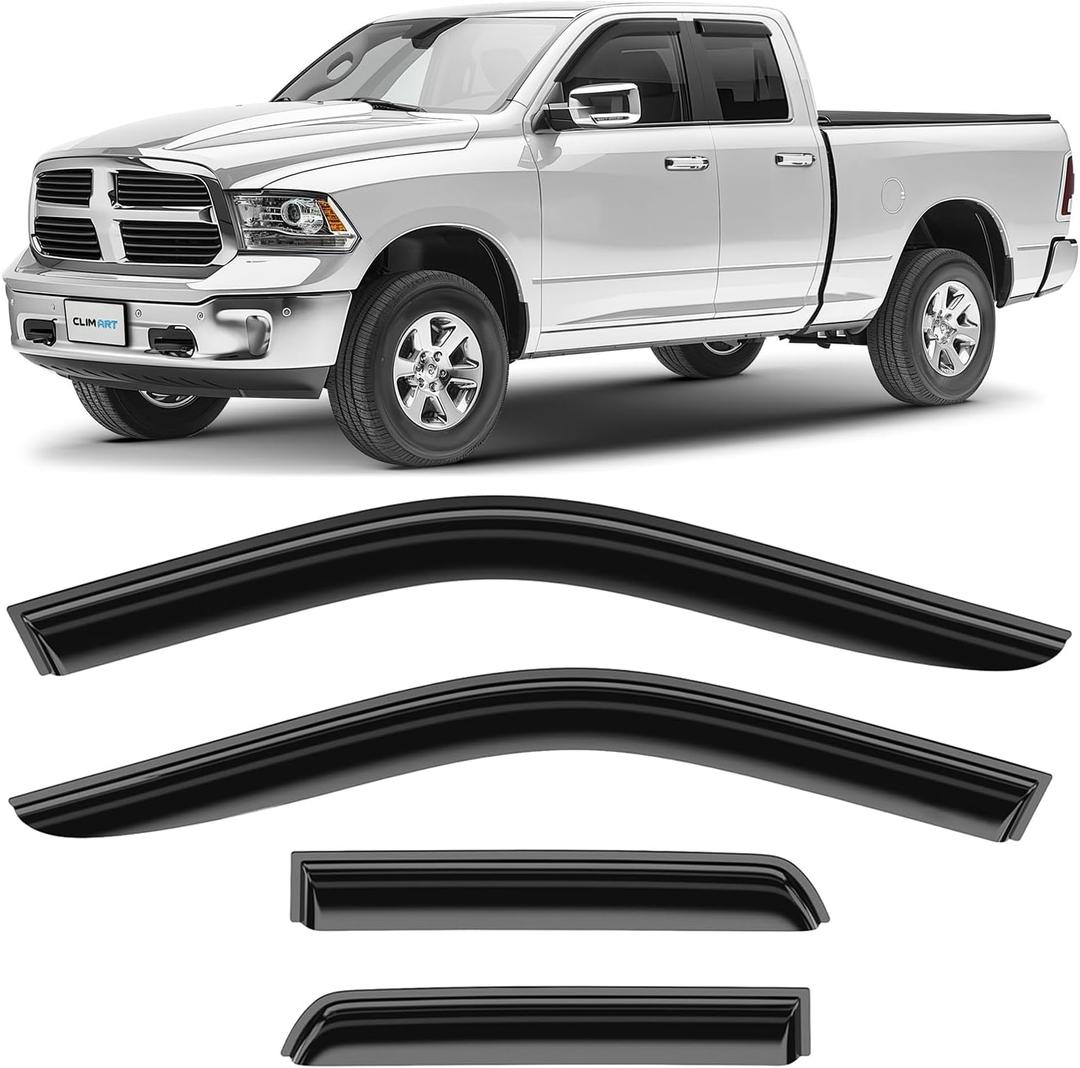 CLIM ART Incredibly Durable Rain Guards for Dodge RAM 1500 2009-2018 Quad Cab, Tape-on Window Deflectors, Vent Deflector, Vent Window Visors, Dark Smoke, Truck Accessories, 4 pcs- 409213