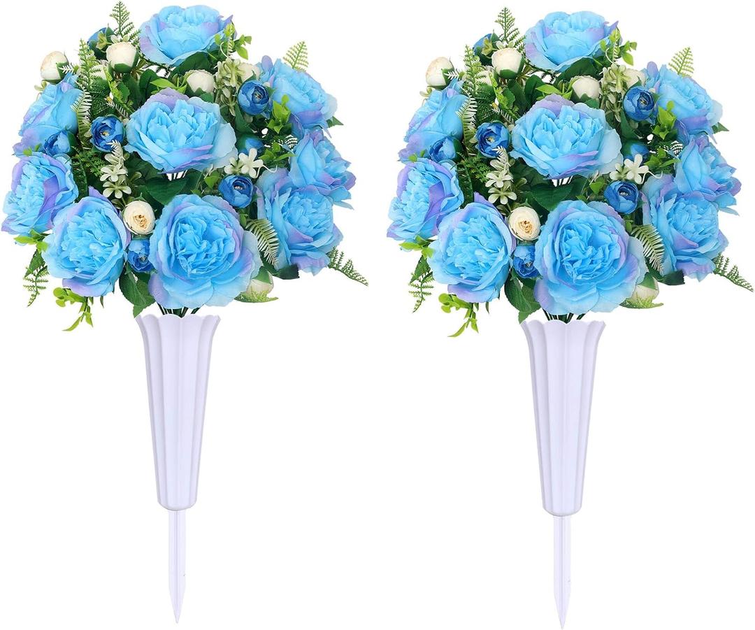 Lodou Artificial Peonies Bouquet, Lifelike Silk Peonies Flowers,Fake Artificial Flowers Peonies Bouquet for Cemetery Grave Decoration, Memorial Day, Home Decor (Blue)