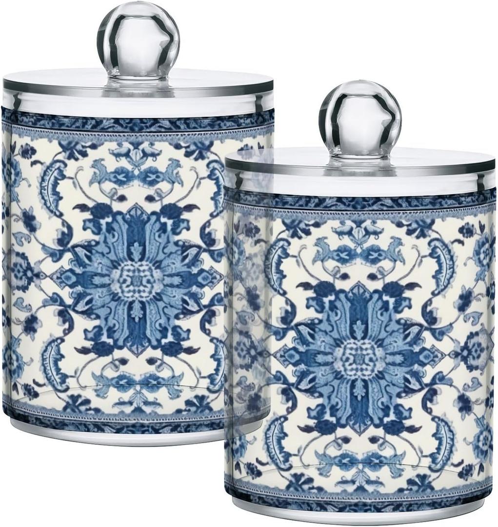 2 Pack Qtip Holder Dispenser Blue Floral Vintage 10 Oz Bathroom Organizer with Lids Storage Canister