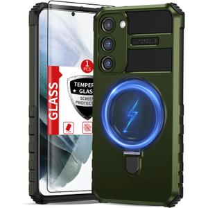 for Samsung Galaxy S21 Case Magnetic Compatible with Wireless Charging,with Screen Protector,Galaxy S21 Case Built-in Kickstand Ring,Camera Protection Military Grade Drop Shockproof Green