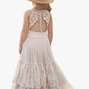 BIBIHOU Girls Kids Lace Back Full-Length Backless Tulle Party Holiday Formal Flower Girl Dress, Size 6 years