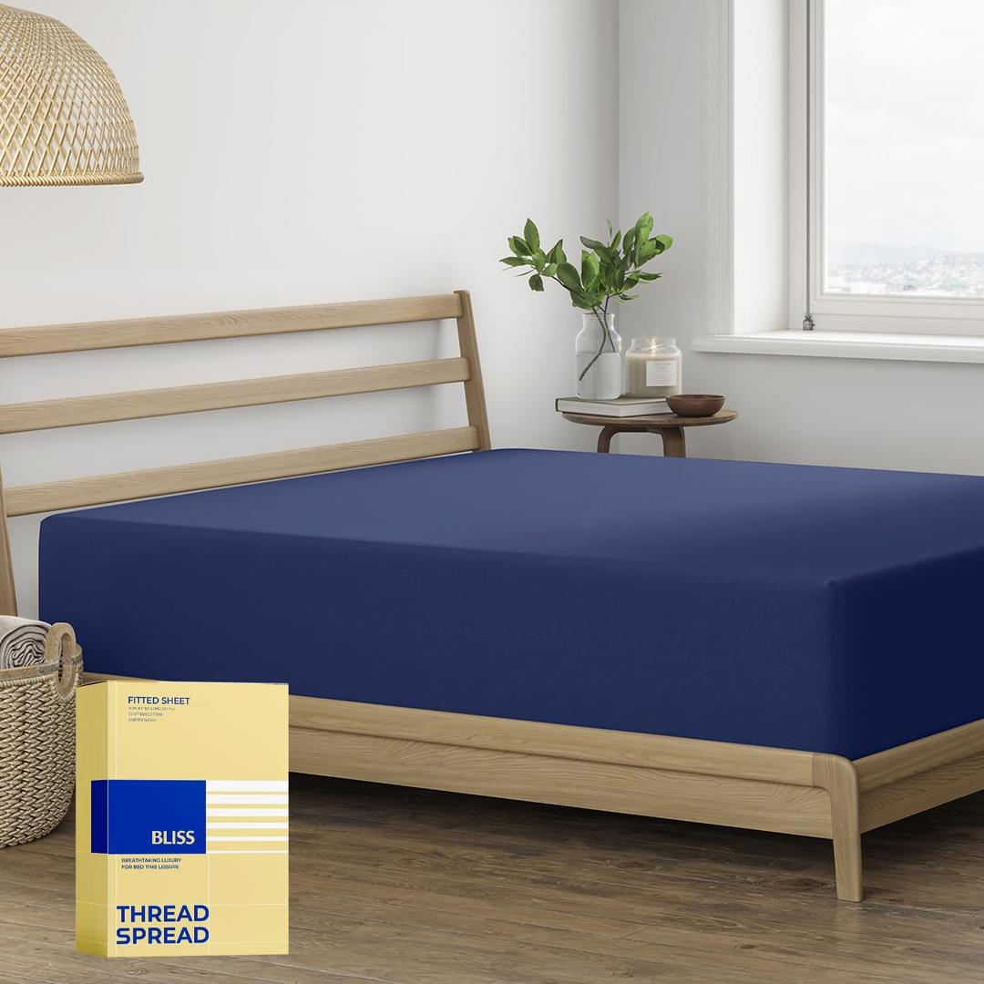 Thread Spread 100% Cotton Queen Fitted Sheet Only - 600 Series Bliss Collection Cotton Fitted Sheet Queen (Navy Blue), Luxuriously Soft, Durable, Cooling 16" Deep Pocket, Luxury Hotel Quality