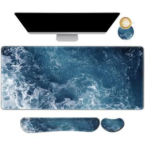 ARTSO Gaming Mouse Pad Extended, Keyboard Wrist Rest Pad & Wrist Support Abstract Mousepad Set, Non-Slip Base, Memory Foam Desk Mat, Ocean Waves