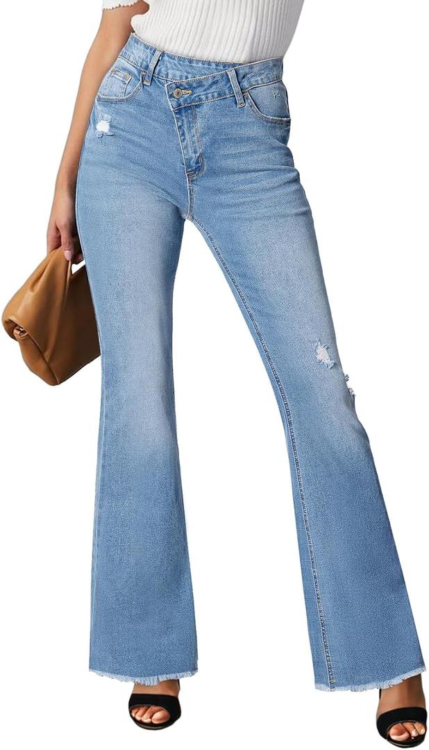Sidefeel Women's Bell Bottom Flare Jeans High Waisted Stretchy Ripped Distressed Raw Hem Denim Pants with Pockets (Blue)
