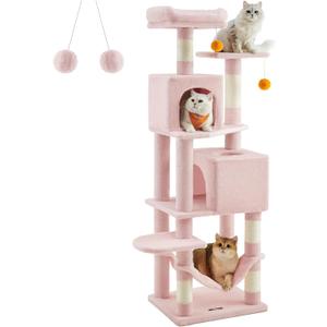 Feandrea Cat Tree, 61-Inch Cat Tower for Indoor Cats, Plush Multi-Level Cat Condo with 5 Scratching Posts, 2 Perches, 2 Caves, Hammock, 2 Pompoms, Jelly Pink UPCT192P01 (61 Inches)
