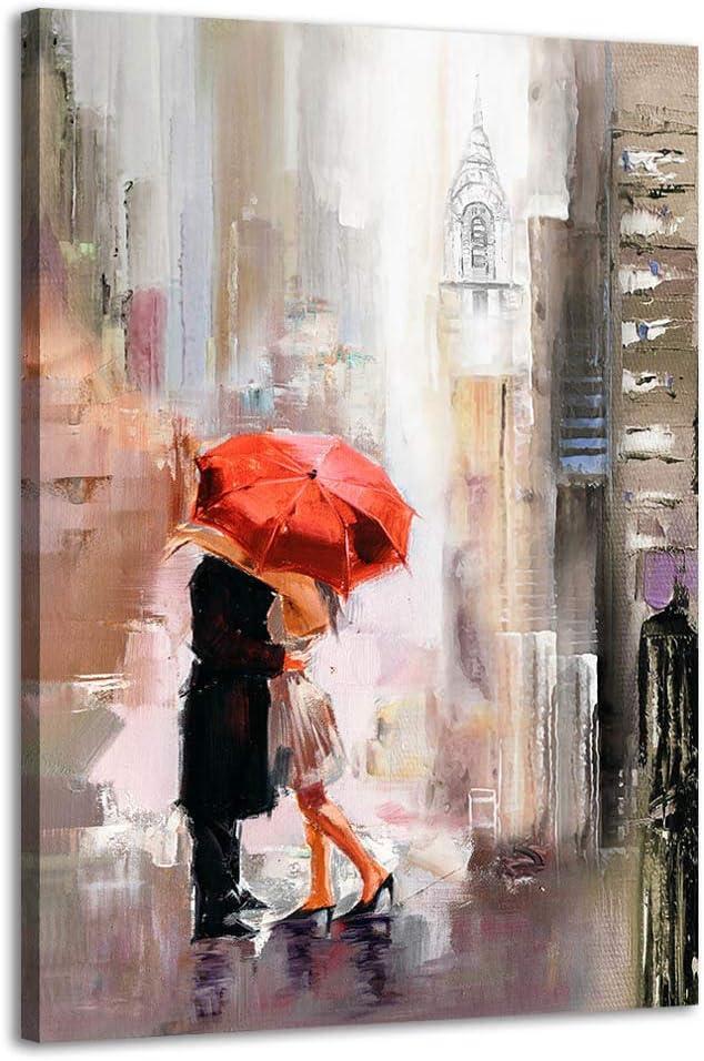 RUISHI Canvas Wall Art Modern New York Cityscape Large Romantic Painting Decor Lovers Under Red Umbrella Street Scenery Pictures for Living Room Bedroom Home Office Decoration 36L x 24W