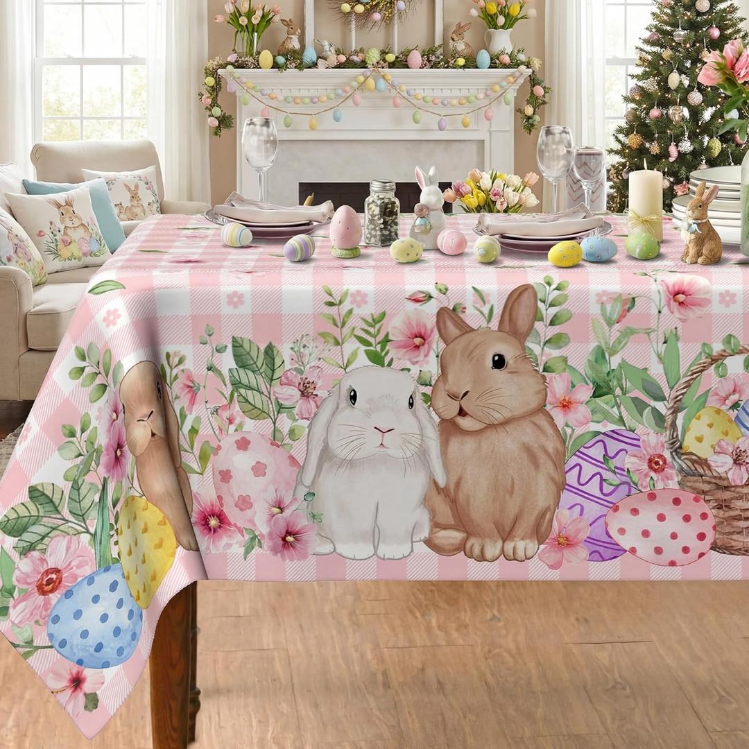 Easter Bunny Tablecloth 60x84 Inch, Easter Rabbits Decorations for Home Table Cloth Rectangle, Pink Buffalo Plaid and Flowers Decor Tablecloths Polyester for Picnic Party Dinner