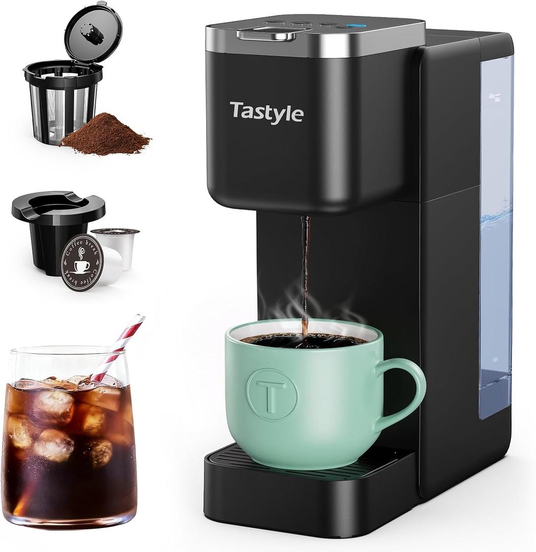 Tastyle Single Serve Coffee Maker, Iced and Hot Coffee Machine for K Cup & Grounds, Compact Design, 40oz Removable Water Reservoir, 6 to 24 Oz Brew Sizes, Fits 7.3" Travel Mug, Black