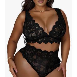 JuicyRose Women Plus Size 2 Piece Lingerie Sexy Floral Lace Scallop Trim Bralette and High Waist Panty Set 4XL