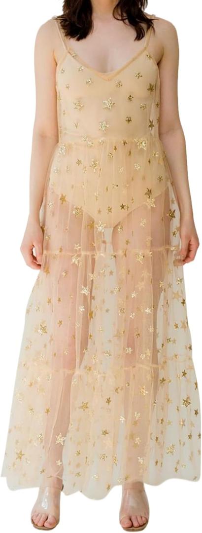 Women's See Through Tulle Maxi Dress Shiny Sequined Stars Spaghetti Strap Cover Up Dresses Festival Outfit (Large, Gold)
