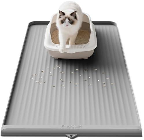Cat Litter Mat 36x24 Inch, Silicone Litter Box Mat with Raised Edge and Diversion Groove, Waterproof Litter Trapping Mat, Easy to Clean Cat Mat for Litter Box, Grey