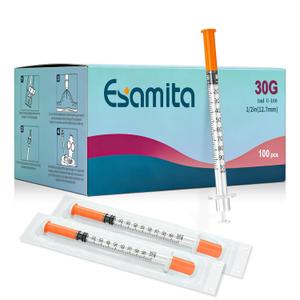 Jeringas de insulina, 1 ml, 30G, 1/2" (12.7 mm) con aguja, U-100, envasadas individualmente, paquete de 100