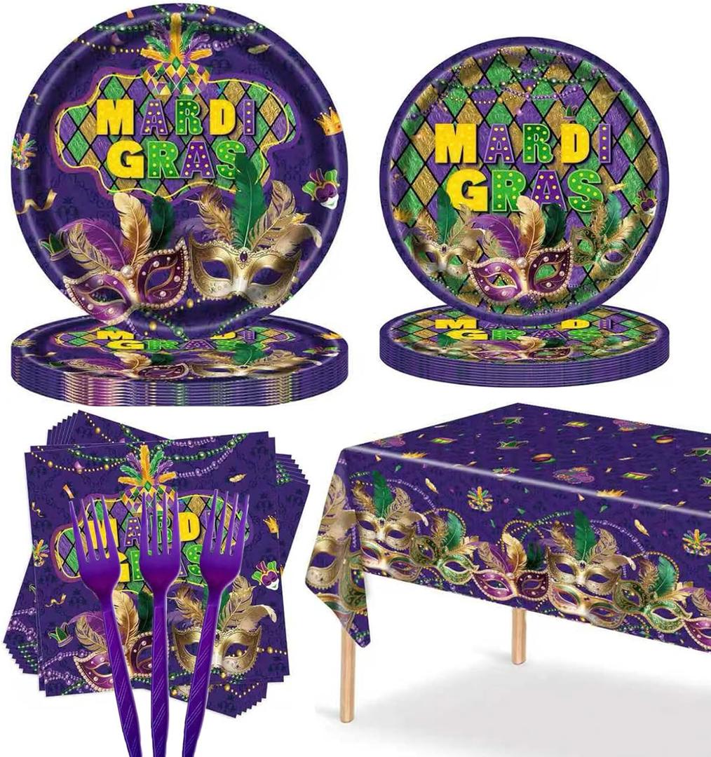 Mardi Gras Party Plates and Napkins Supplies -101Pcs-Carnival Theme Tableware with Forks & Tablecloth, for Parades,Celebrations & Fat Tuesday Decorations,Serves 25