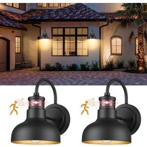 2Pack 7 Motion Sensor Outdoor Wall Light, Outdoor Light Fixture Dusk to Dawn E26 Base Socket, IP65 Waterproof Outside Porch Lights for Garage, Porch, 2210SBK(G)-2